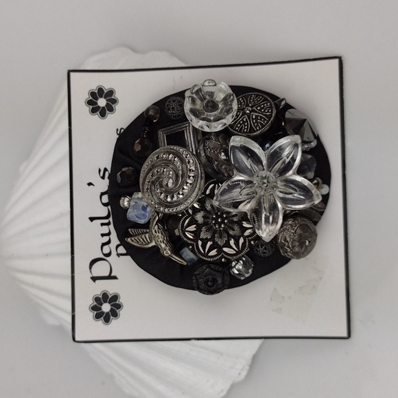 Whimsically Edgy Black Artisan Silver Tone Black & Clear Buttons & Beads  Brooch - Picture 8 of 9